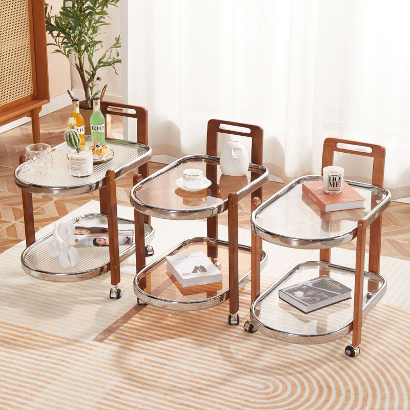Traditioneller ovaler abnehmbarer Holztisch aus Edelstahl und Glas mit 2 Ebenen für das Wohnzimmer 