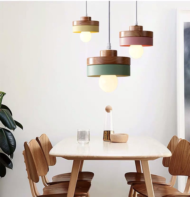 Moderne minimalistische Macaron Square Eisen Holz 1-Licht Pendelleuchte für Wohnzimmer 