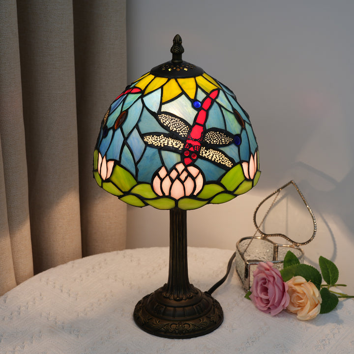 Lampe de table à 1 lumière en résine de verre Tiffany traditionnelle avec dôme et libellule lotus pour étude 