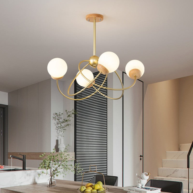 Zeitgenössischer nordischer runder Kronleuchter aus Eisen, Holz und Glas mit 4/6 Lichtern für Wohnzimmer 