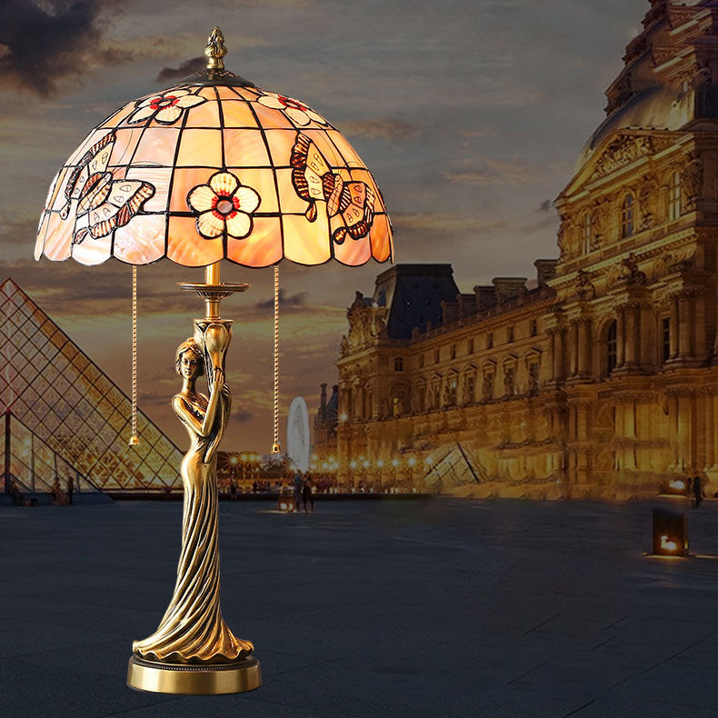 Tiffany Kupfer Göttin Statue Basis Muschel Dekoration 2-Licht Tischlampe 