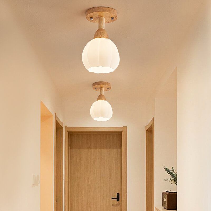Traditional Japanese Spherical Glass Shape Wood Base1-Light Semi-Flush Mount Ceiling Light For Living Room