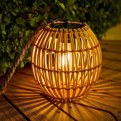 Traditional Vintage Rattan Weaving Cage LED Solar Waterproof Pendant Light For Outdoor Patio