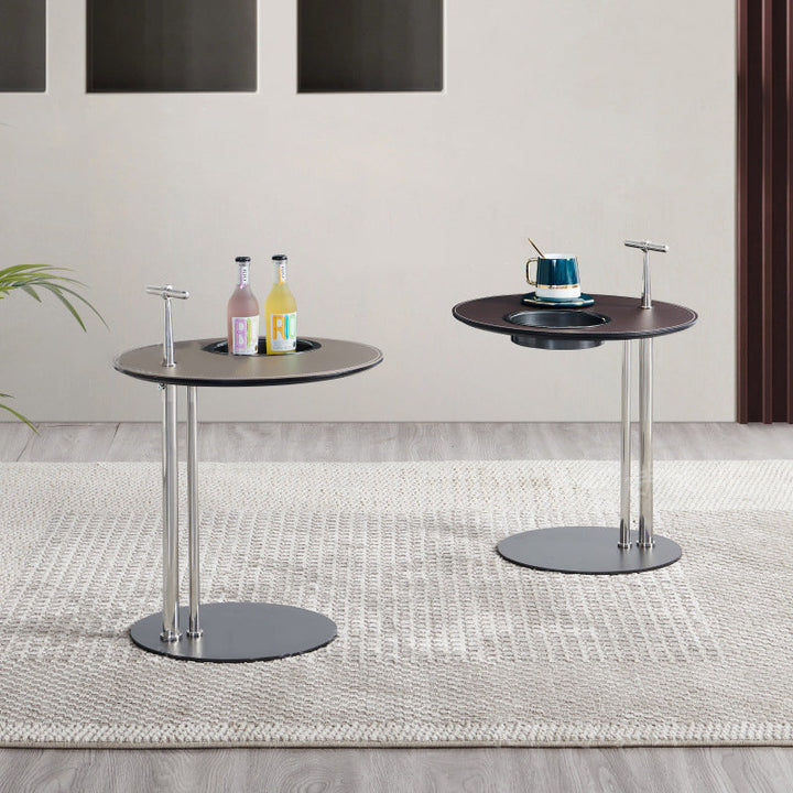 Table d'appoint moderne minimaliste ronde en cuir de selle en acier inoxydable et acier au carbone pour le salon 