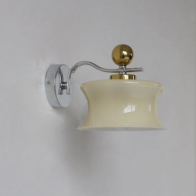 Contemporary Scandinavian Glass Drum Iron Wave Arm 1-Light Wall Sconce Lamp For Bedroom