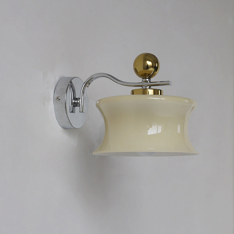 Contemporary Scandinavian Glass Drum Iron Wave Arm 1-Light Wall Sconce Lamp For Bedroom
