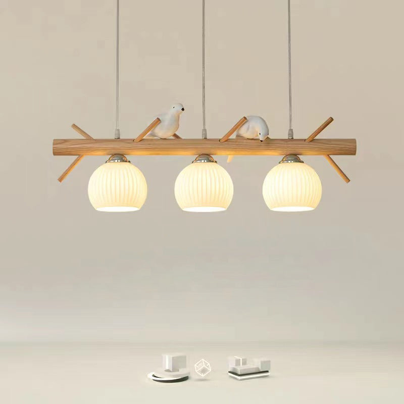 Lámpara de araña de 3 luces con pantalla redonda de vidrio y tiras de madera tradicional japonesa para sala de estar 