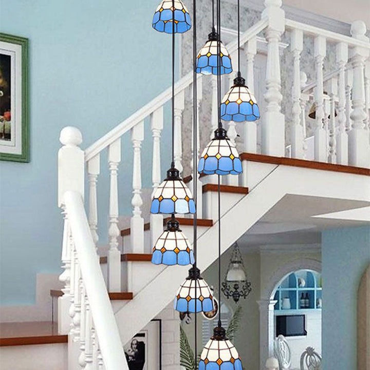 Zeitgenössischer Küstenkronleuchter aus konischem Eisenharz und Buntglas mit 10 Lichtern für das Wohnzimmer 