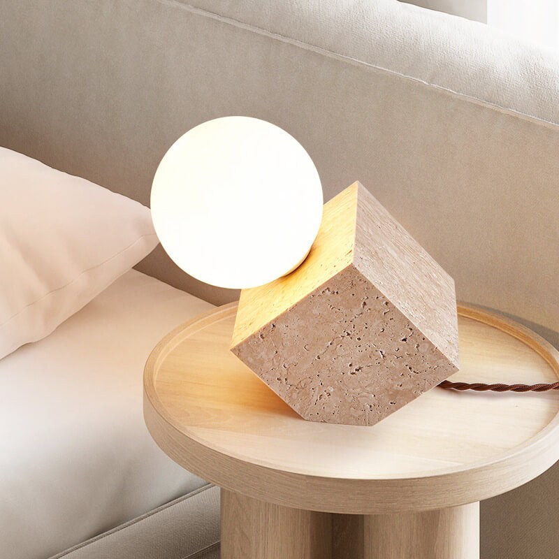 Japanese Nostalgic Yellow Travertine Inclined Cube 1-Light Table Lamp