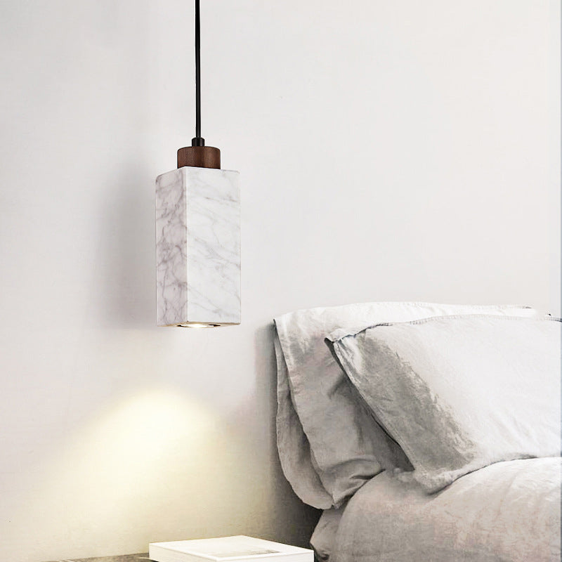 Lámpara colgante moderna minimalista rectangular de madera maciza y mármol de 1 luz para dormitorio 