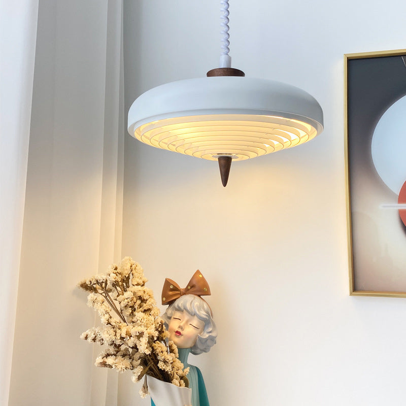Suspension Luminaire Contemporain en Bois Massif Nordique avec Soucoupe Volante en Fer à 1 Lumière pour Salle à Manger 