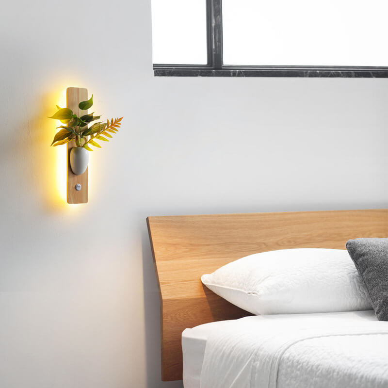 Modern Rubber Wood Rectangular Plants LED Wall Sconce Lamp