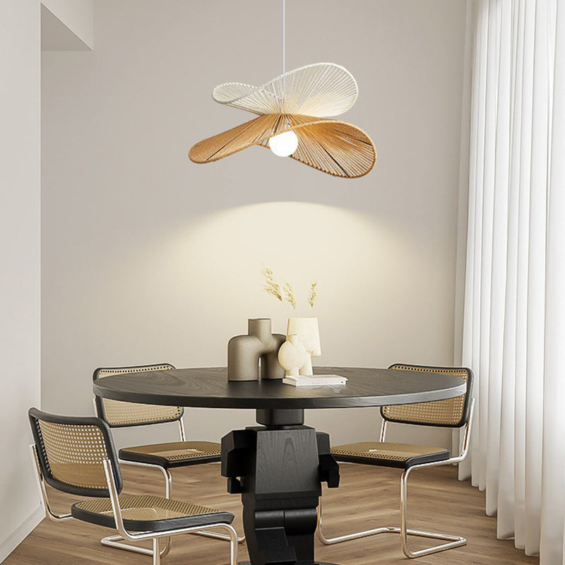 Traditionelle Vintage Holz Papier Seil Weben Strohhut Form 1-Licht Pendelleuchte für Wohnzimmer 