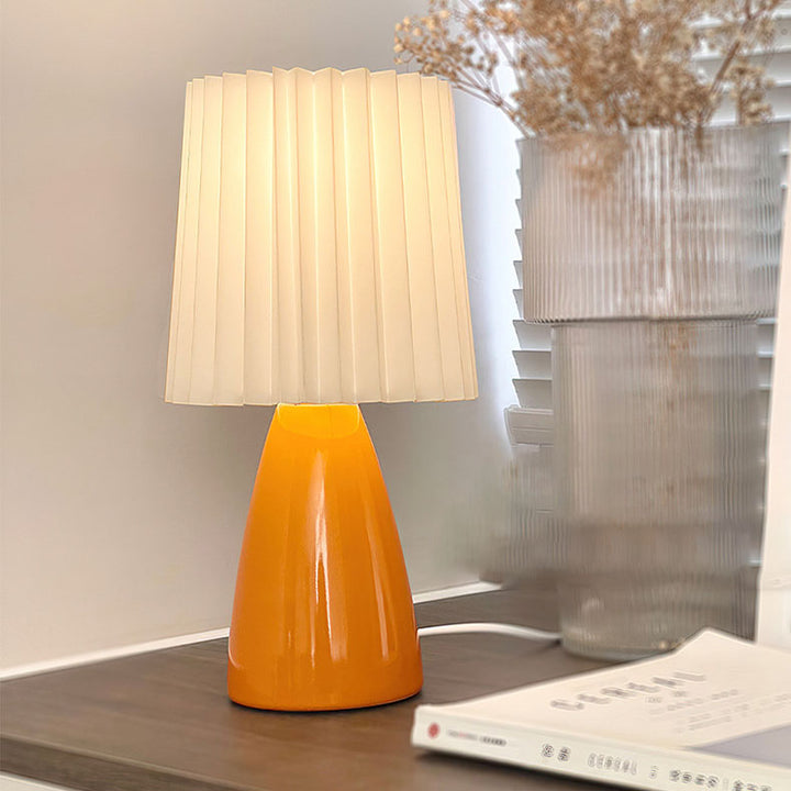 Contemporary Scandinavian Pleated Fabric Ceramics Base 1-Light Table Lamp For Bedroom