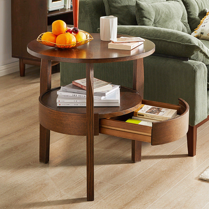 Mesa auxiliar redonda contemporánea, retro y vintage de madera de caucho, madera de pino y contrachapado con cajón de 2 niveles para sala de estar 