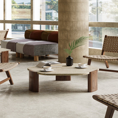 Mesa de centro contemporánea nórdica hexagonal de travertino con 3 patas de madera para sala de estar 