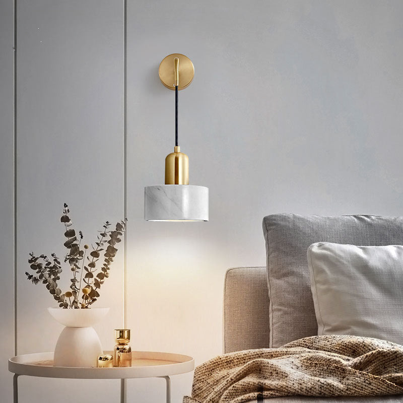 Modern Minimalist Cylinder Iron Marble 1-Light Wall Sconce Lamp For Bedroom