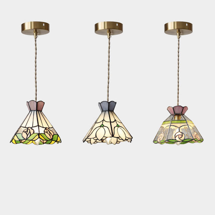 Vintage Tiffany Rose Flower Conical Stained Glass 1-Light Pendant Light