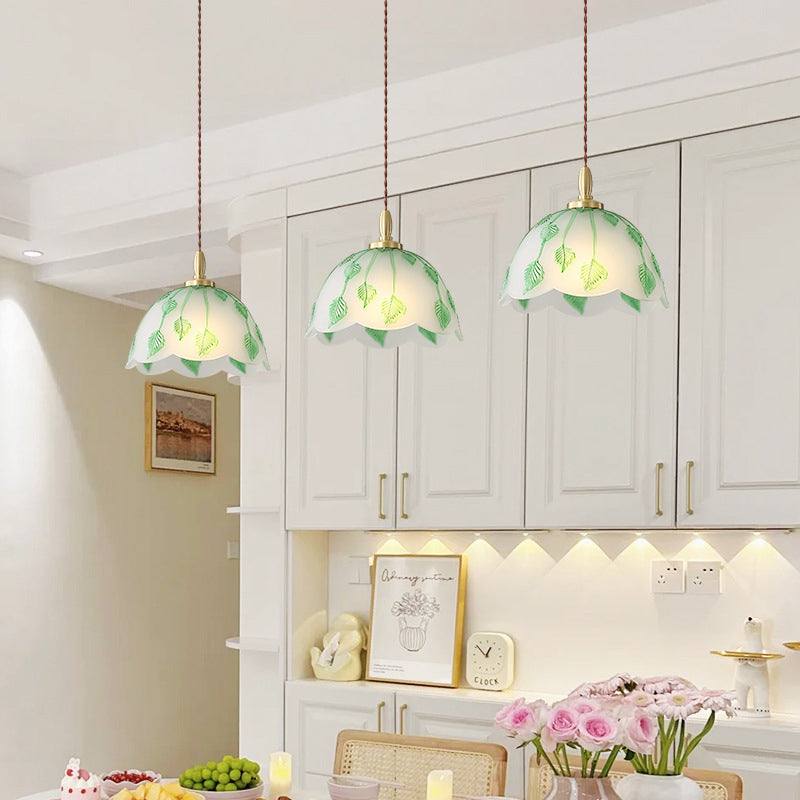 Traditionelle französische Pendelleuchte mit Schale und Blättern, Kupferglas, 1 Licht, für Esszimmer 