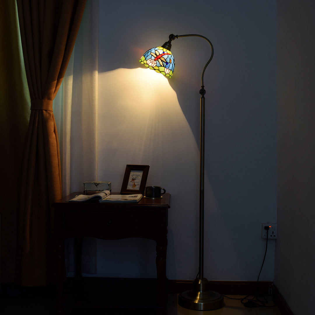 Lampe de sol traditionnelle Tiffany en dôme rond en verre fer avec libellule à 1 lumière pour chevet 