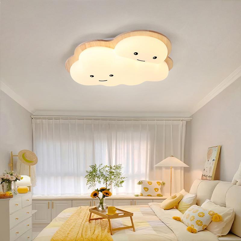 Modern Art Deco Airplane Clouds Moon Acrylic Wood LED Flush Mount Ceiling Light For Living Room