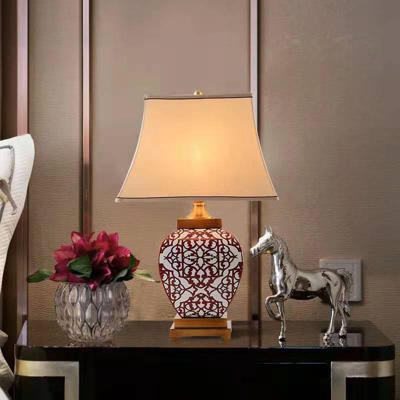 Traditional Chinese Cone Fabric Red Ceramic Jar Base 1-Light Table Lamp For Bedroom