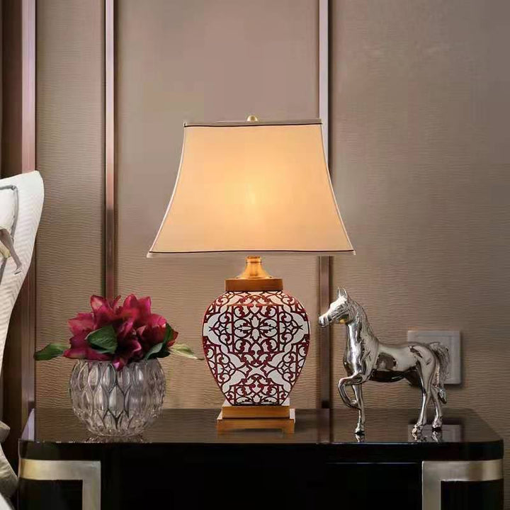 Traditional Chinese Cone Fabric Red Ceramic Jar Base 1-Light Table Lamp For Bedroom
