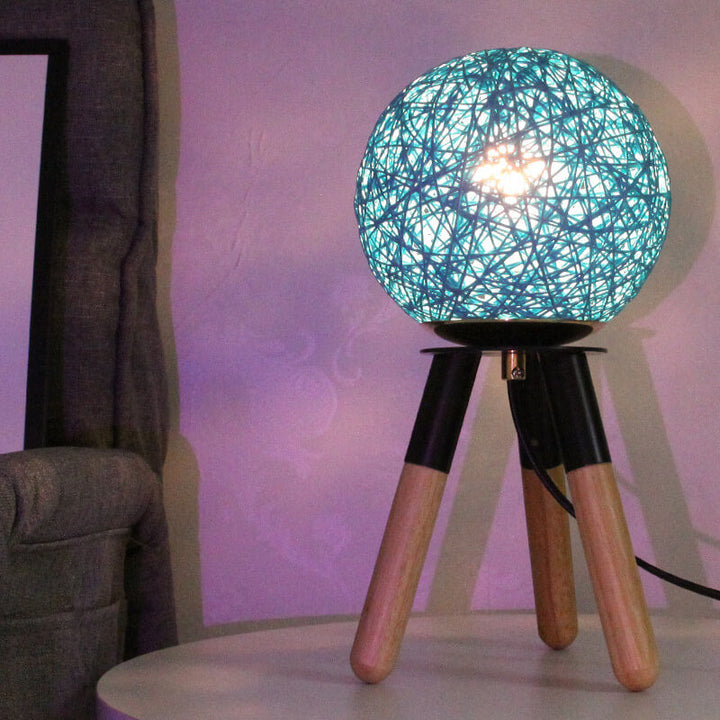 Contemporary Nordic Faux Rattan Ball Wood Metal Tripod 1-Light Table Lamp For Bedroom
