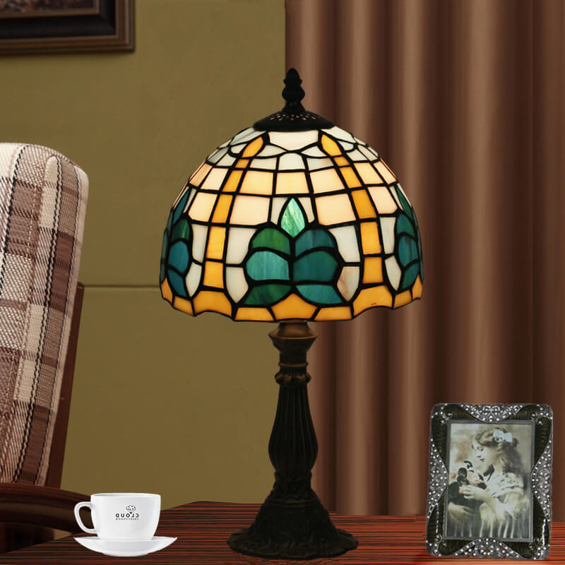Tiffany Retro Mediterrane Blätter Buntglas 1-Licht Tischlampe 