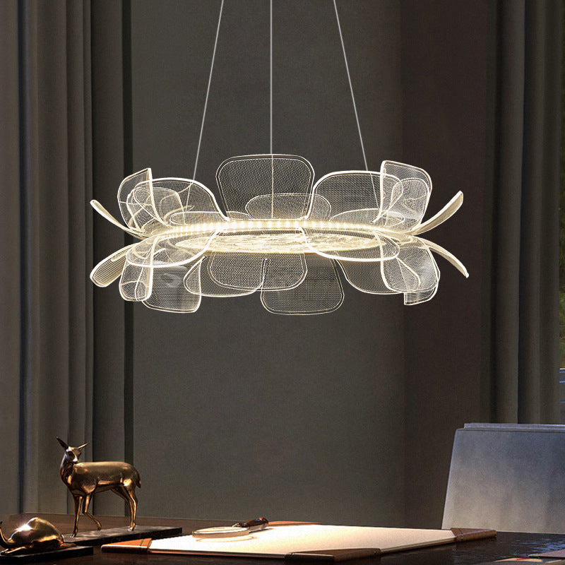 Moderne minimalistische runde Blume klares Metall Acryl LED Insel Licht Kronleuchter für Esszimmer 