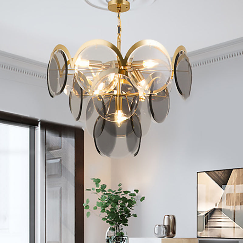 Moderner Luxus-Kronleuchter mit goldenem Finish, abgestufter Glasscheibenschirm, 7/13 Lichter, für Wohnzimmer 