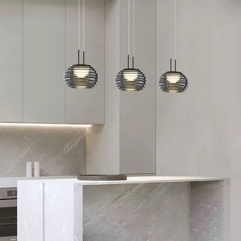Moderne minimalistische gestreifte runde Aluminiumglas-LED-Pendelleuchte für Wohnzimmer 