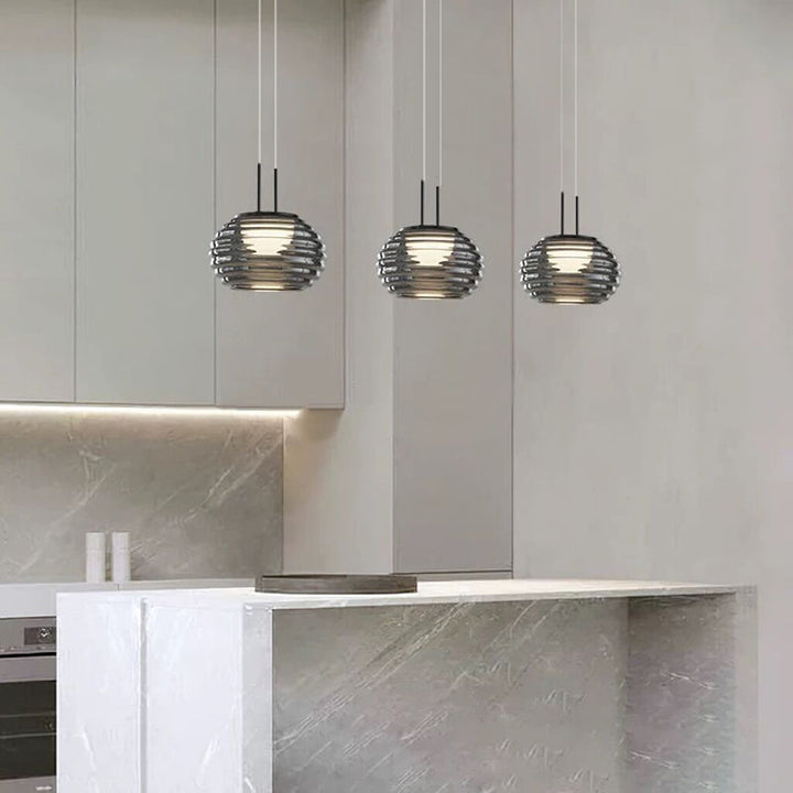 Moderne minimalistische gestreifte runde Aluminiumglas-LED-Pendelleuchte für Wohnzimmer 