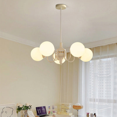 Lustre contemporain rétro à branches courbées avec tige ronde et boules en fer et verre 3/5 lumières pour salon 