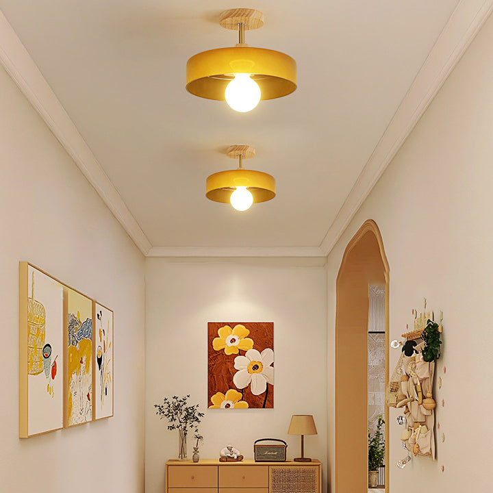 Lustre de plafond semi-encastré moderne minimaliste rond en bois et verre à 1 lumière pour salon 