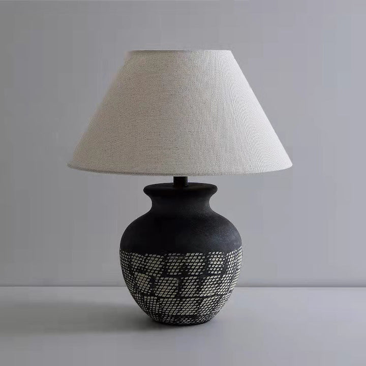 Traditional Japanese Cone Fabric Round Ceramic Jar Base 1-Light Table Lamp For Bedroom