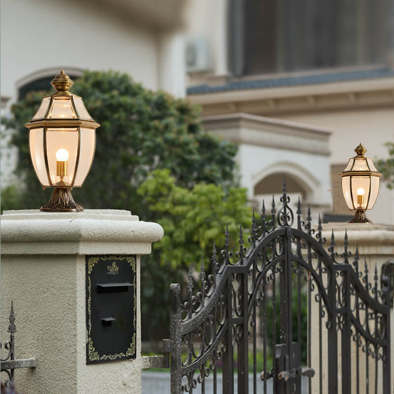 Traditional European All Copper Clear Glass Lantern Post 1/3 Light Waterproof Patio Landscape Light For Outdoor
