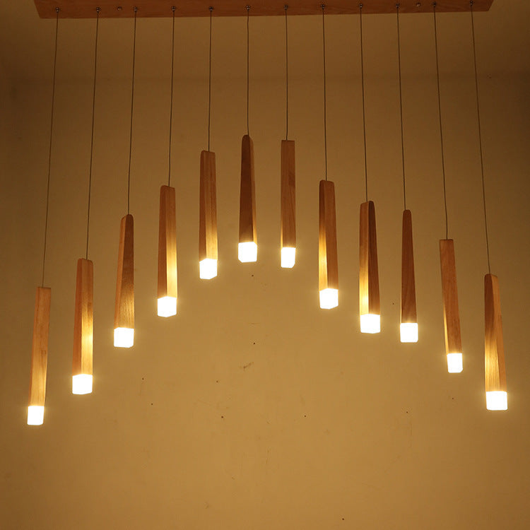 Lustre de style rustique traditionnel en bois carré long avec LED pour salle à manger 
