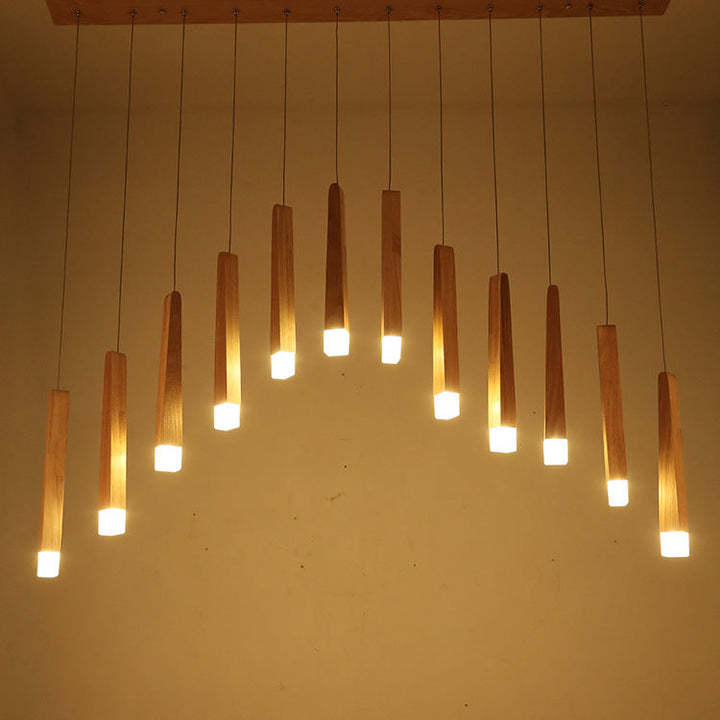 Lustre de style rustique traditionnel en bois carré long avec LED pour salle à manger 