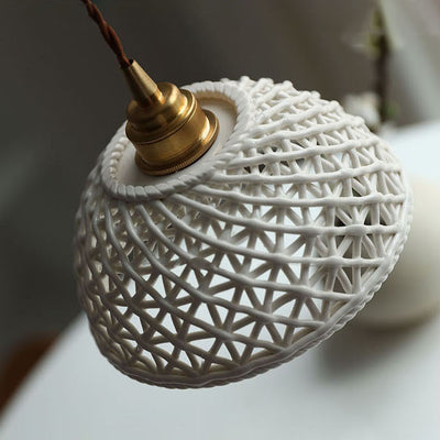 Contemporary Coastal Handmade Ceramic Hollow Semicircle Shade 1-Light Pendant Light For Living Room