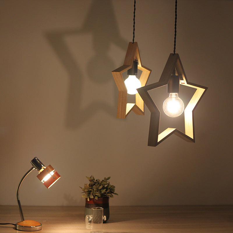 Zeitgenössische kreative Massivholz Pentagramm Stern 1-Licht Pendelleuchte für Wohnzimmer 