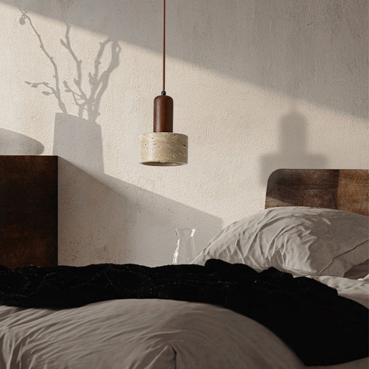 Lustre Suspendu 1 Lumière en Bois Massif Travertin Cylindre Vintage Traditionnel pour Chambre 