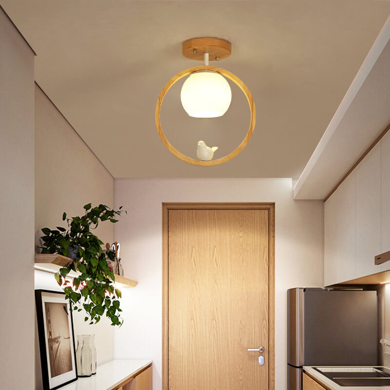 Modern Japanese Minimalist Log Bird Round 1-Light Semi-Flush Mount Ceiling Light