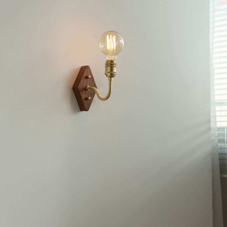 Lámpara de Aplique de Pared de 1 Luz de Madera y Latón con Poste Curvado de Diamante Retro Contemporáneo para Dormitorio 