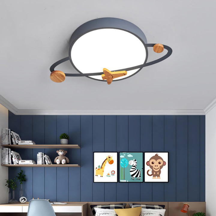 Contemporary Scandinavian Iron Acrylic Wood Round Planet Design LED Kids Flush Mount Ceiling Light For Bedroom