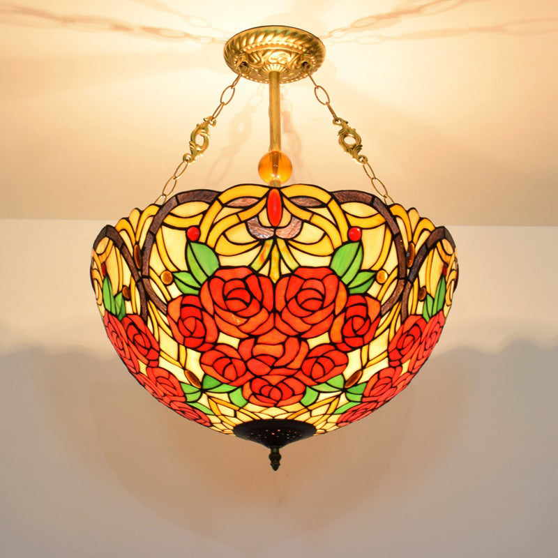 Traditioneller Tiffany-Buntglas-Rosenblumen-Eisen-3-Licht-Kronleuchter für das Wohnzimmer 