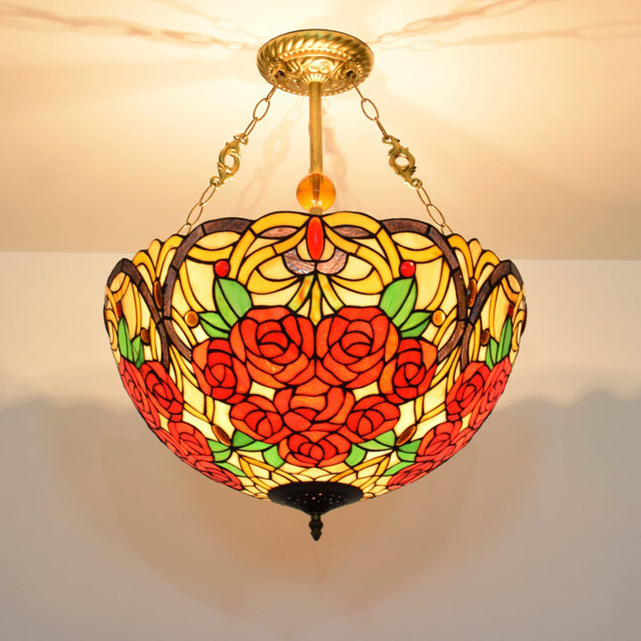 Traditioneller Tiffany-Buntglas-Rosenblumen-Eisen-3-Licht-Kronleuchter für das Wohnzimmer 