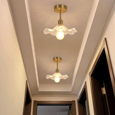 Modern Luxury Brass Glass Flower-Shaped 1-Light Semi-Flush Mount Ceiling Light