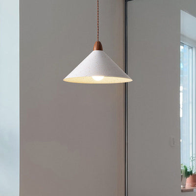 Japanese Minimalist Cone Iron Wood Grain 1-Light Pendant Light