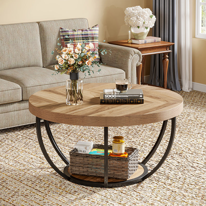 Mesa de café moderna de lujo redonda de tablero de densidad de acero con 1 estante para sala de estar 